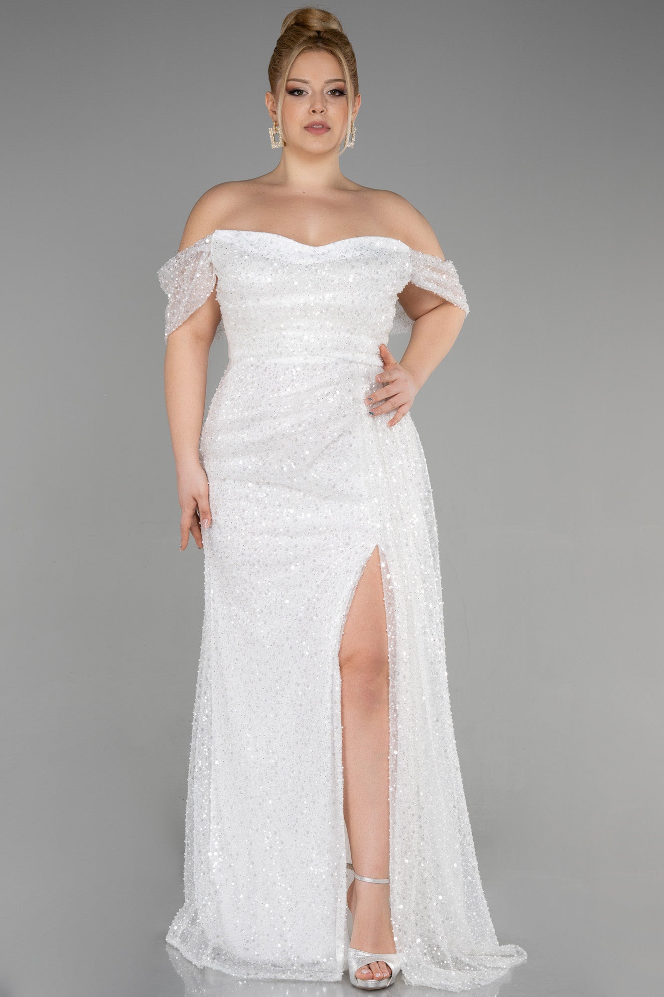 Rochie de ocazie lungă cu paiete - ecru N3579