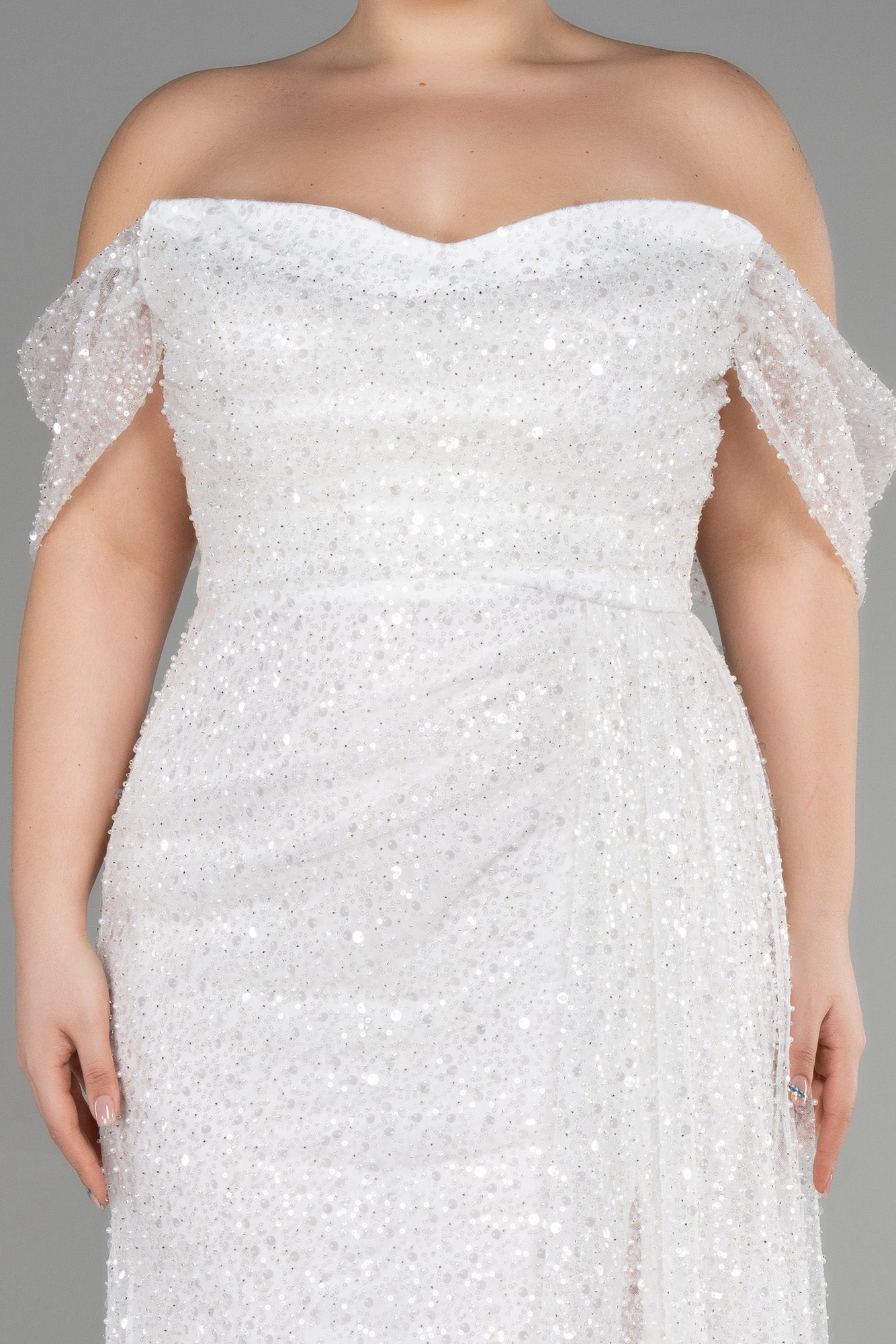 Rochie de ocazie lungă cu paiete - ecru N3579