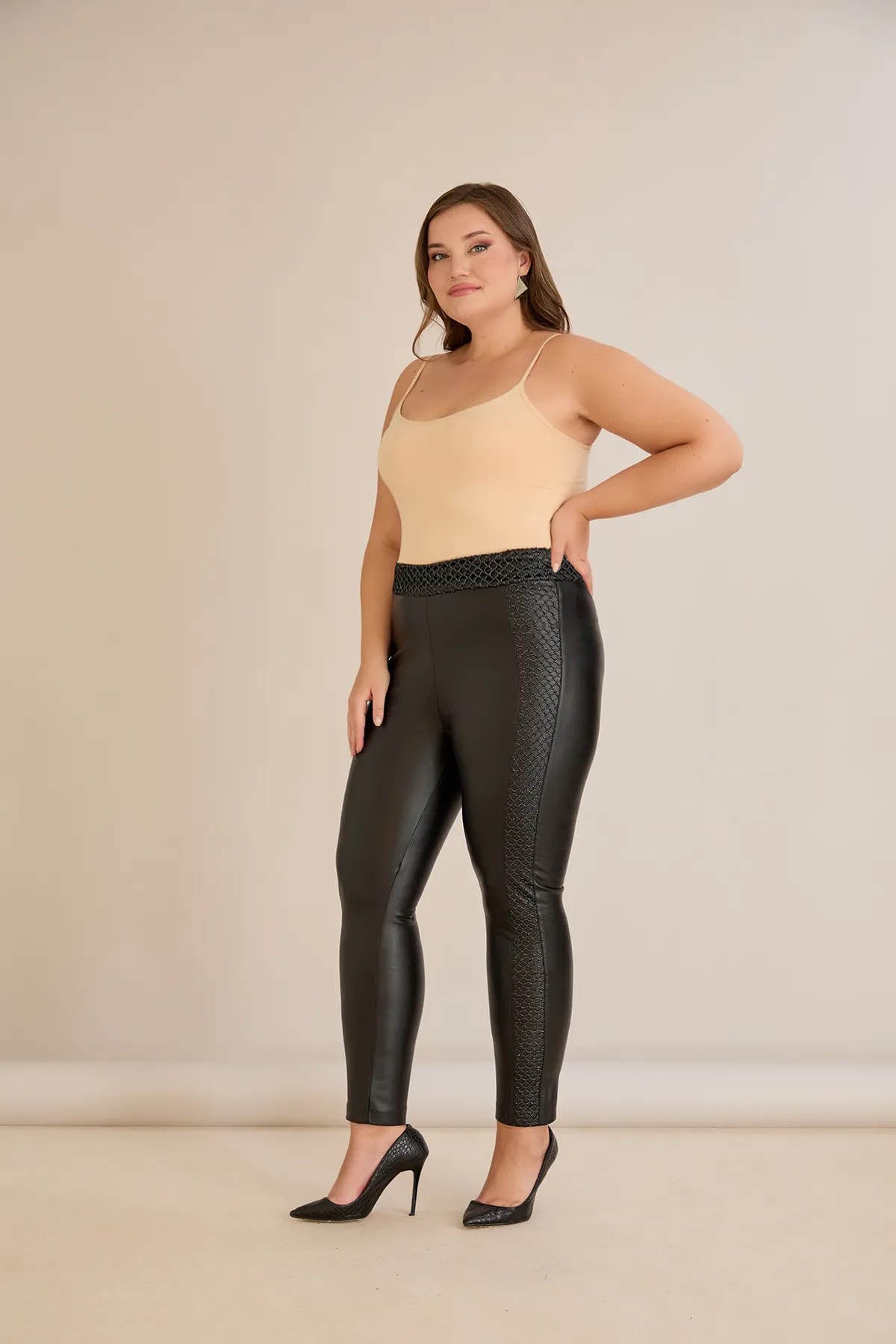 Colanți din piele căptușiți, cu plasă decorativă și talie înaltă
