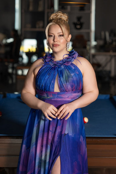 Rochie de ocazie lungă din chiffon imprimat - lila N4902