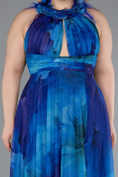 Rochie de ocazie lungă din chiffon imprimat - albastru/lila N4902