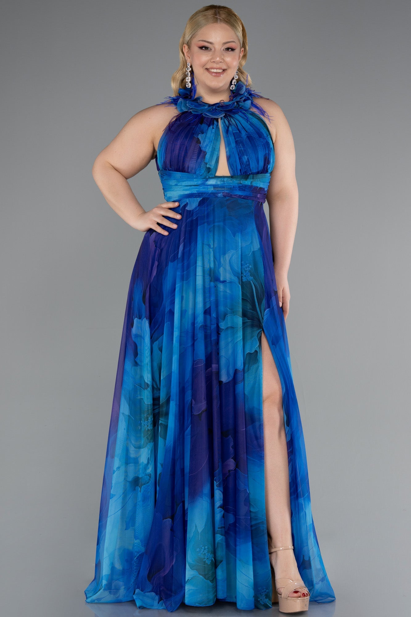 Rochie de ocazie lungă din chiffon imprimat - albastru/lila N4902