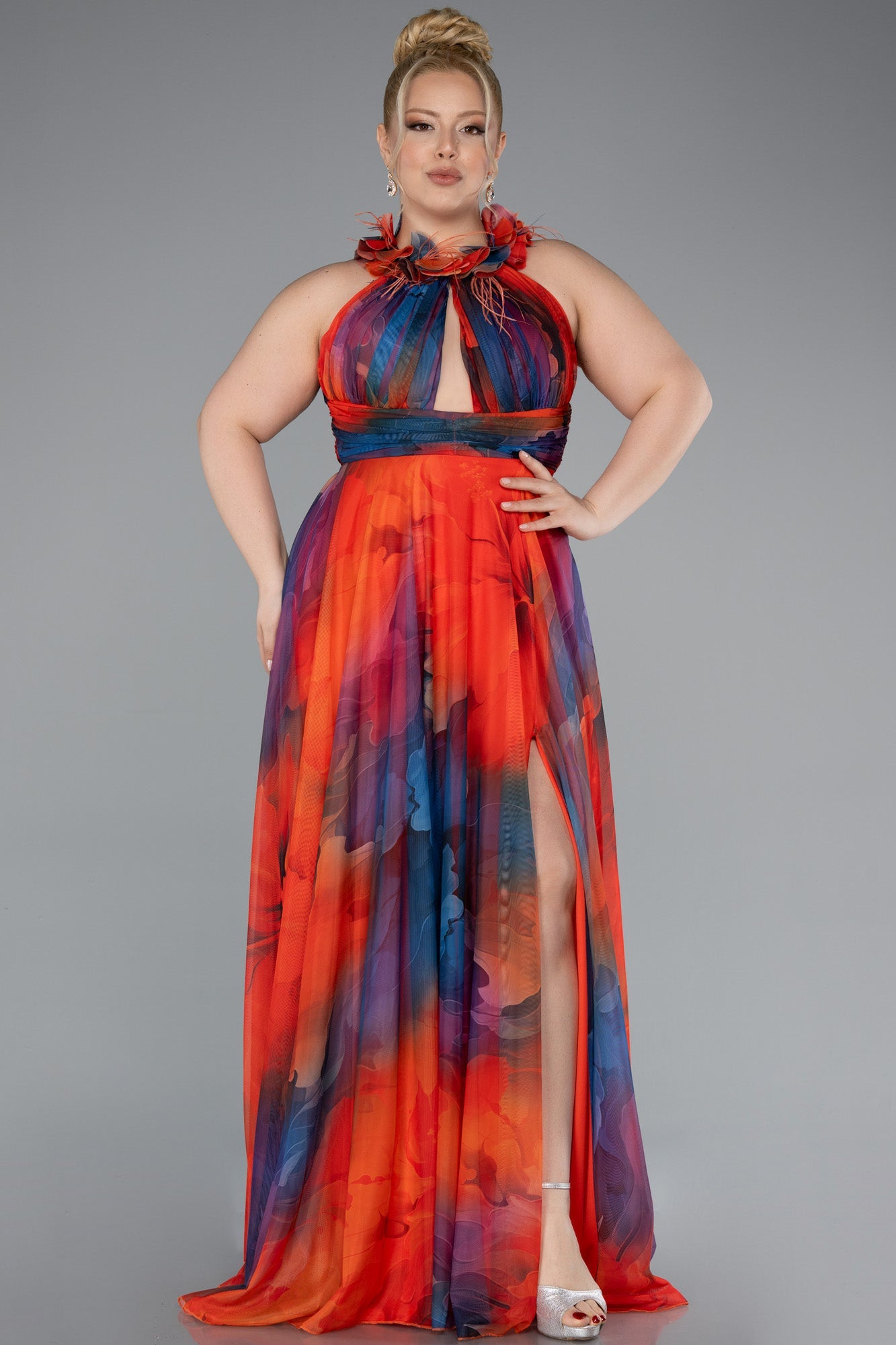 Rochie de ocazie lungă din chiffon imprimat - portocalie N4902