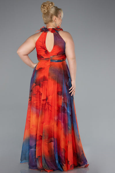 Rochie de ocazie lungă din chiffon imprimat - portocalie N4902