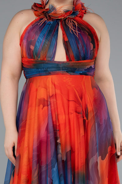 Rochie de ocazie lungă din chiffon imprimat - portocalie N4902