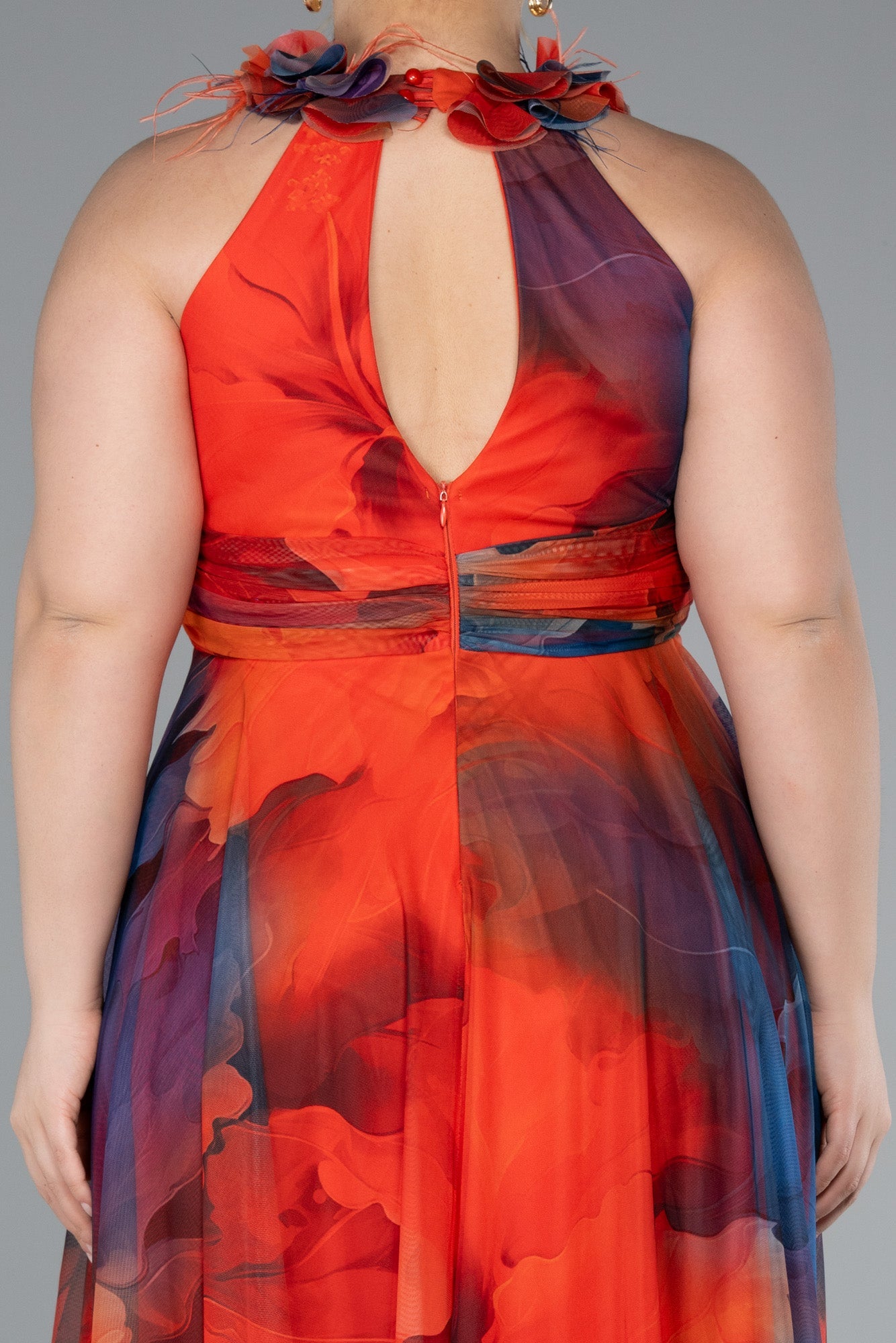 Rochie de ocazie lungă din chiffon imprimat - portocalie N4902