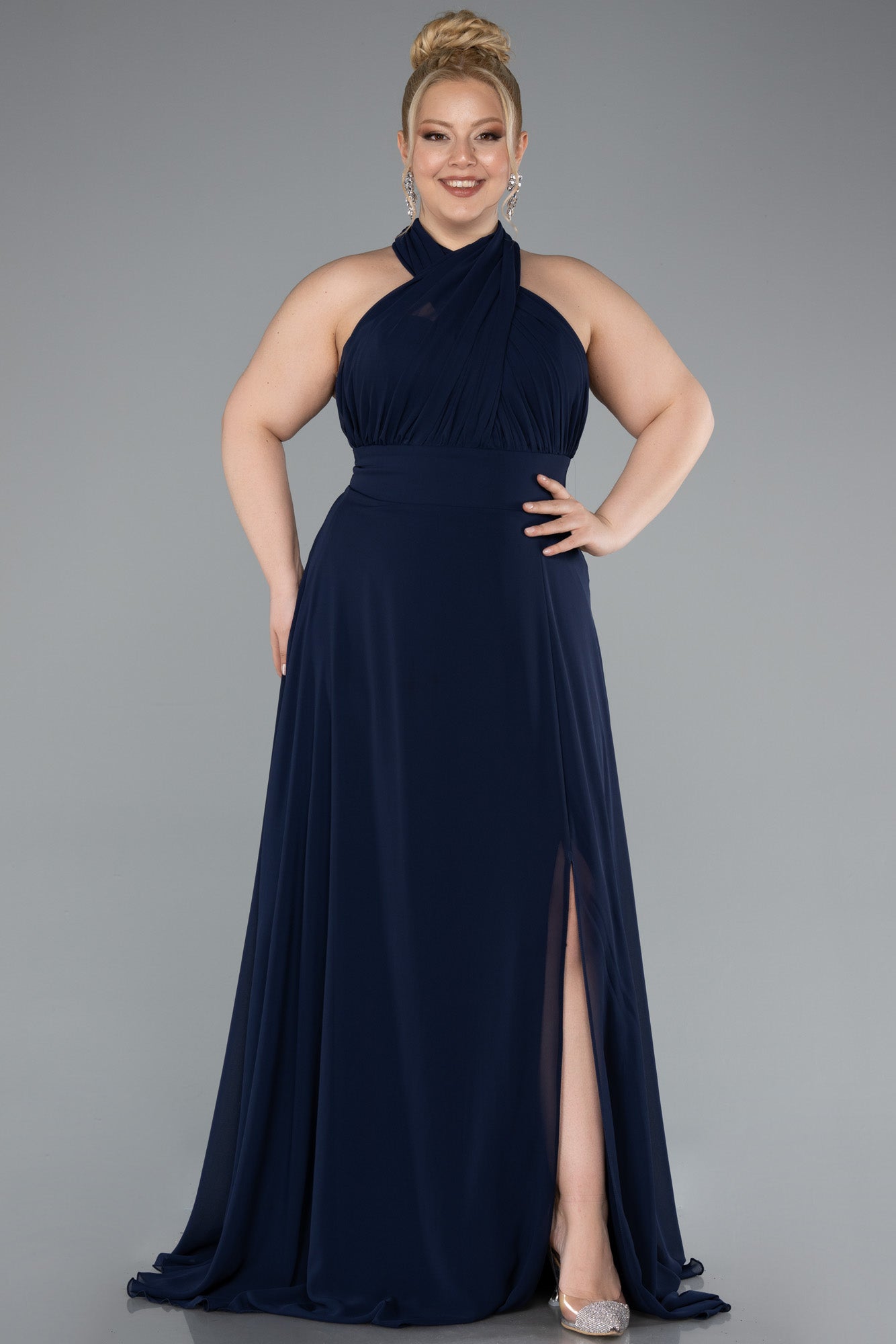 Rochie de ocazie lungă din chiffon - albastru închis N4951