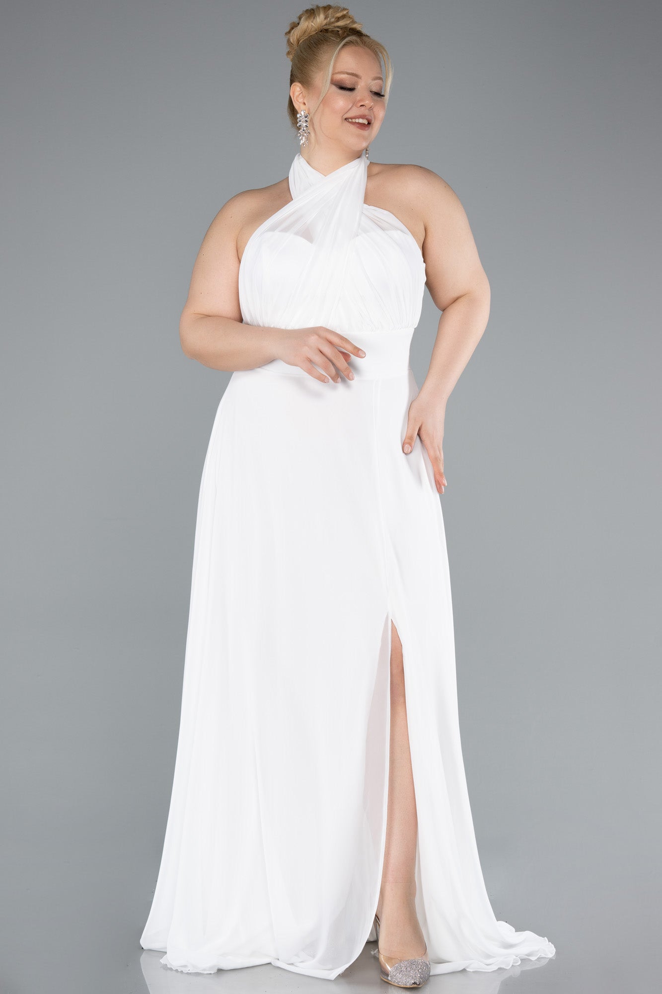 Rochie de ocazie lungă din chiffon - ecru N4951