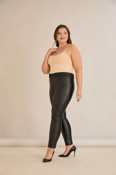 Colanți din piele căptușiți, cu plasă decorativă și talie înaltă
