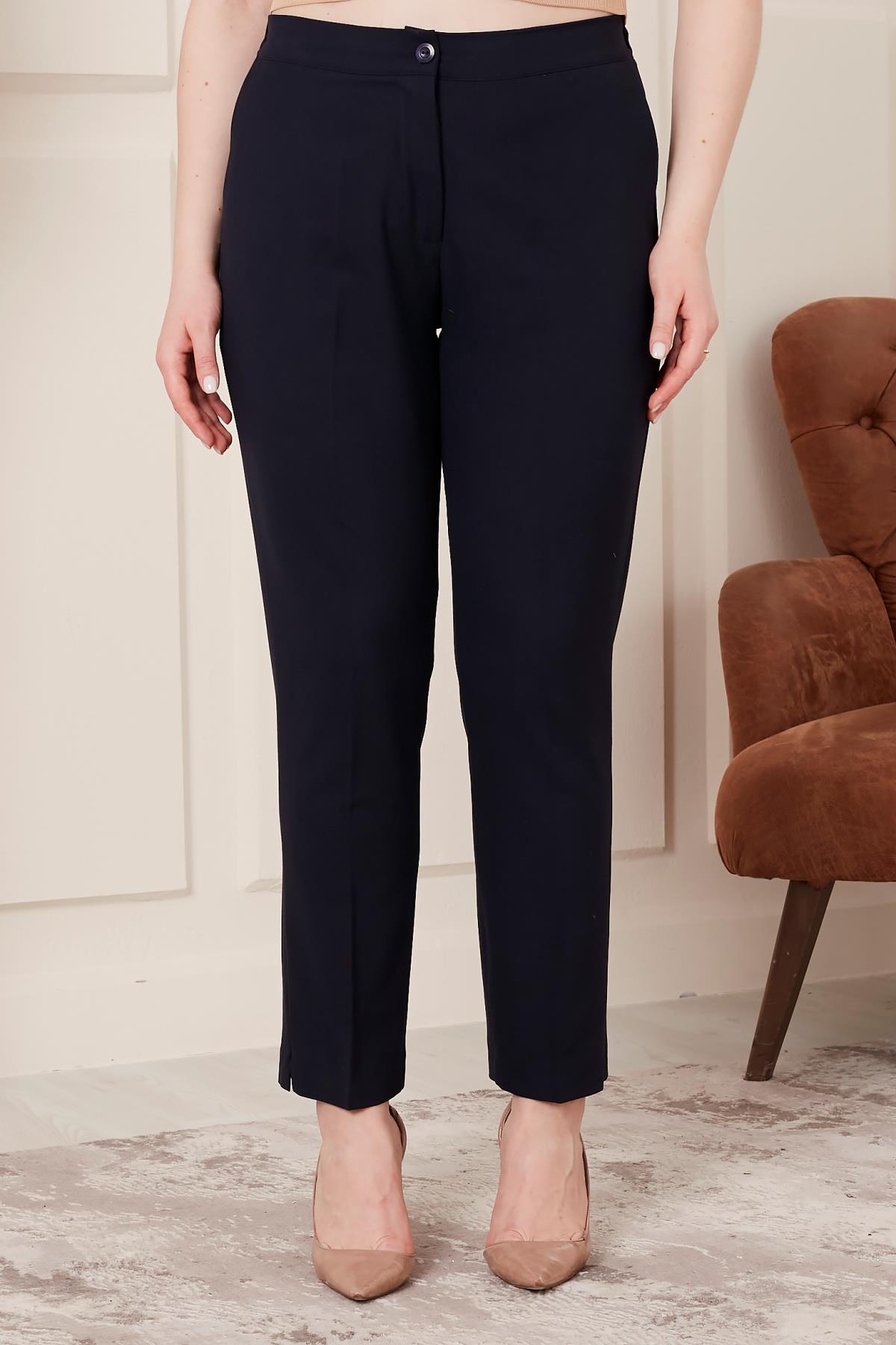 Pantaloni de primavara marimi mari cu despicaturi si talie elastica - negru