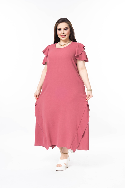 Rochie marime mare cu volane din tesatura usoara - roz