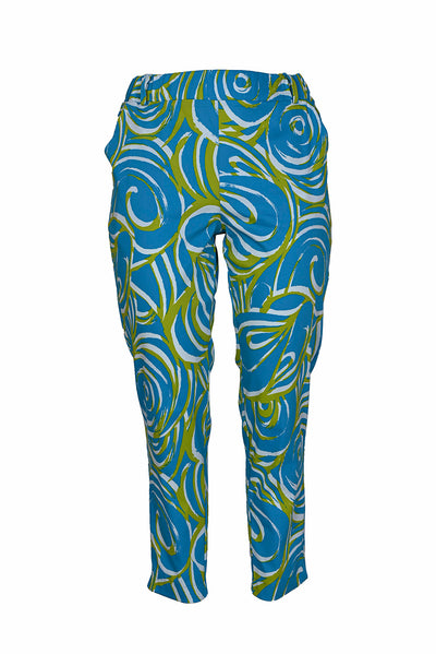 Pantaloni de vară din bumbac și elastan, cu un imprimeu proaspăt - lime/turcoaz