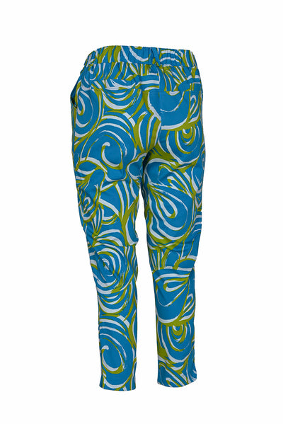 Pantaloni de vară din bumbac și elastan, cu un imprimeu proaspăt - lime/turcoaz