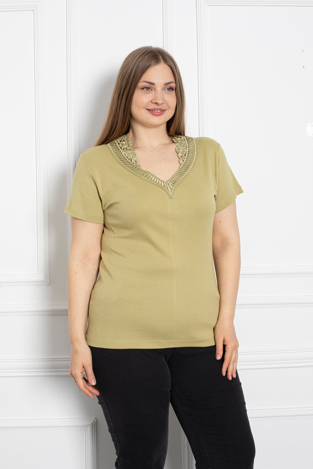 Bluza marime mare din bumbac cu dantela - maslina