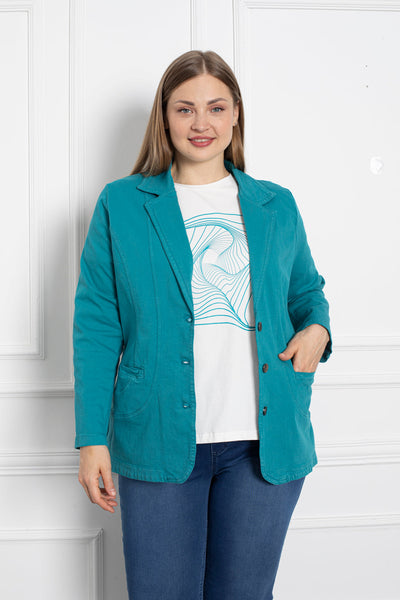 Sacou marime mare din denim cu rever - turcoaz