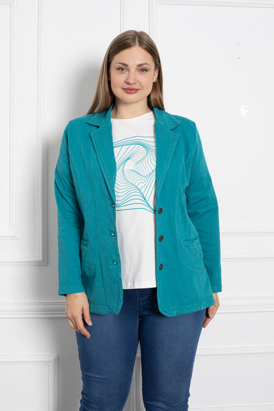 Sacou marime mare din denim cu rever - turcoaz