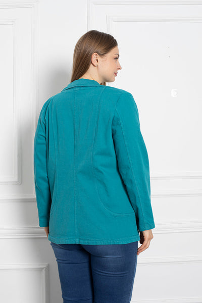 Sacou marime mare din denim cu rever - turcoaz