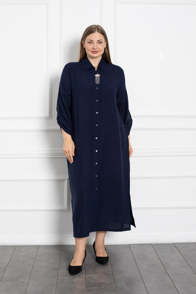 Rochie-camasa marime mare cu brosa - albastru inchis