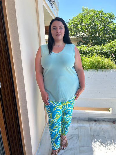 Pantaloni de vară din bumbac și elastan, cu un imprimeu proaspăt - lime/turcoaz