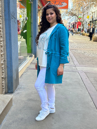 Trenci marime mare din denim cu gluga Safari - turcoaz