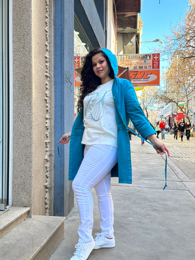 Trenci marime mare din denim cu gluga Safari - turcoaz