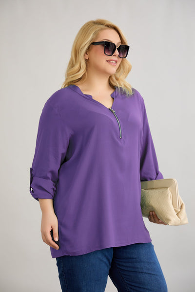 Bluza marime mare din viscoza cu fermoar la decolteu - liliac