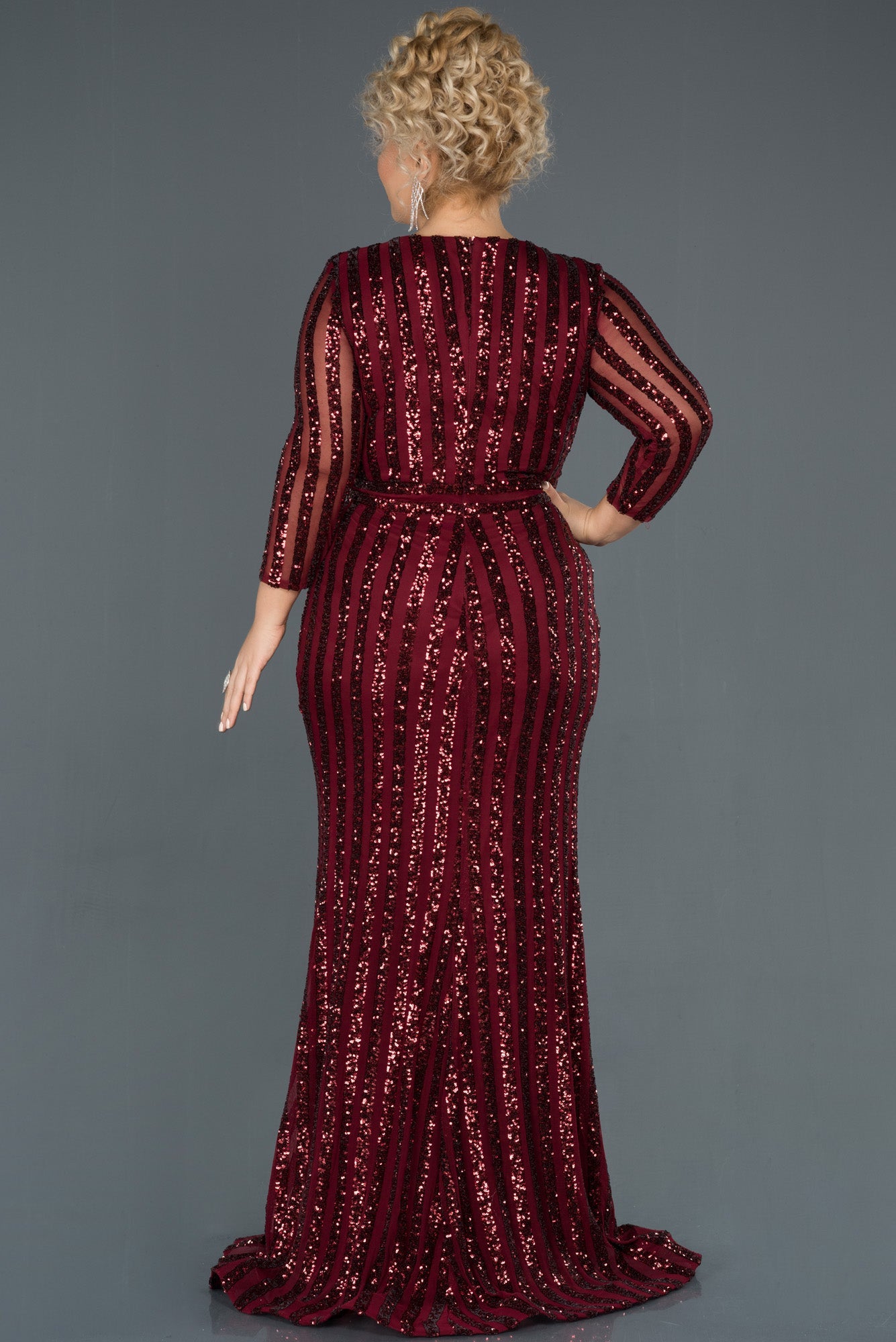Rochie de ocazie marime mare lunga si elastica cu paiete - burgundia N1043