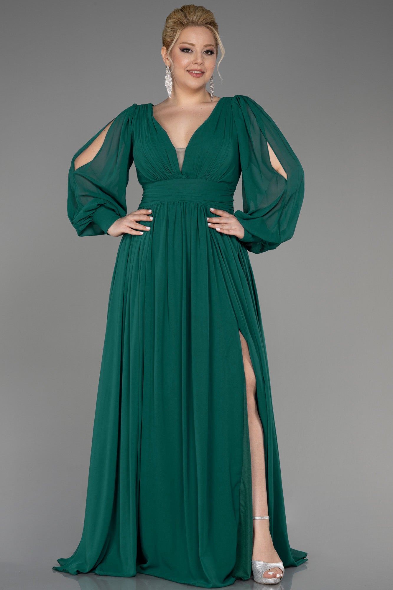 Rochie de ocazie marime mare lunga din sifon - smarald N1988