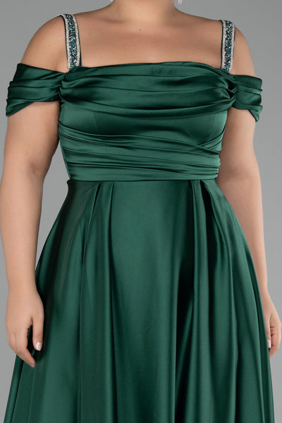 Rochie de ocazie marime mare lunga din satin cu bretele din pietricele - verde N3277