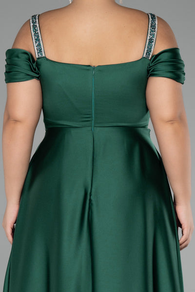 Rochie de ocazie marime mare lunga din satin cu bretele din pietricele - verde N3277
