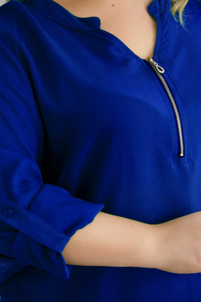Bluza marime mare din viscoza cu fermoar la decolteu - cobalt