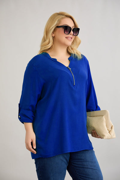Bluza marime mare din viscoza cu fermoar la decolteu - cobalt