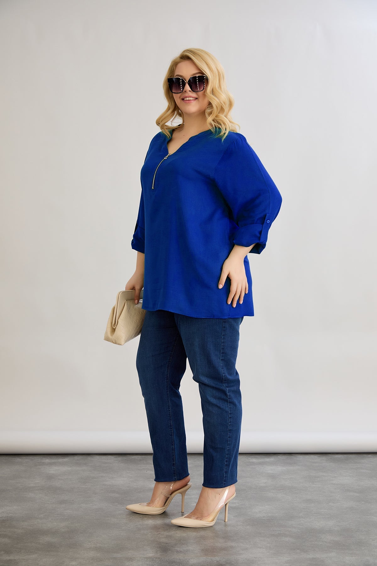 Bluza marime mare din viscoza cu fermoar la decolteu - cobalt