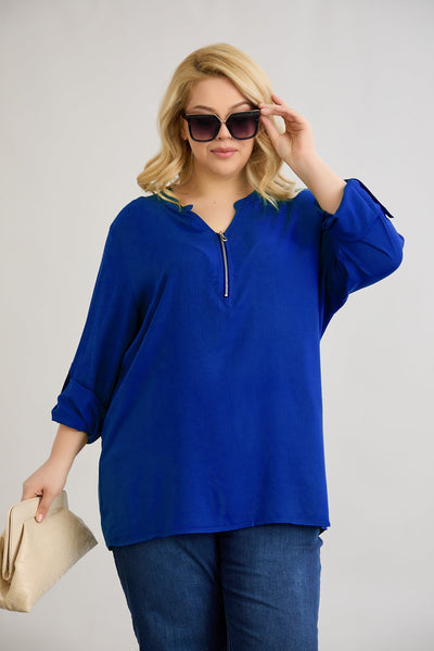 Bluza marime mare din viscoza cu fermoar la decolteu - cobalt