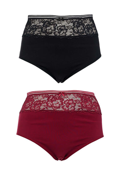 Set de 2 buc. chiloti din bumbac cu dantela - negru si visiniu