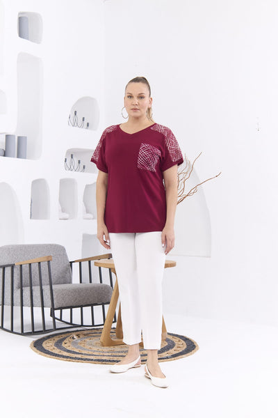 Bluza marime mare cu plasa decorativa - visiniu