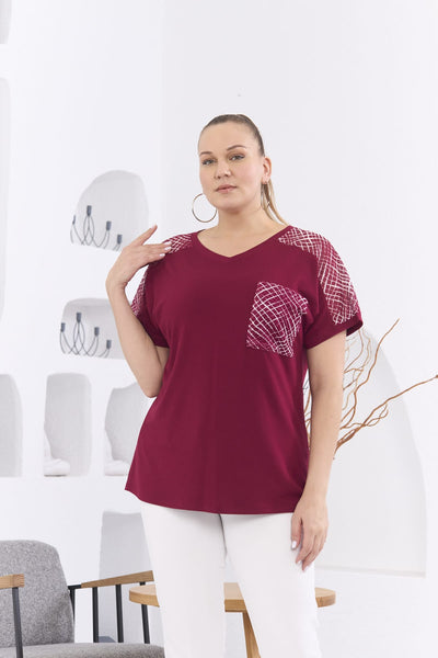 Bluza marime mare cu plasa decorativa - visiniu