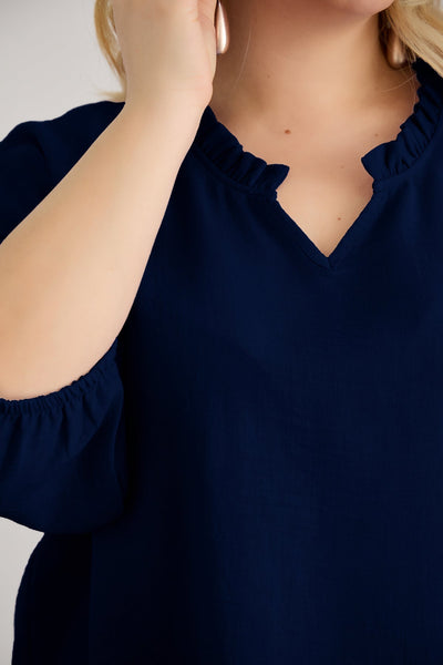 Bluza marime mare cu decolteu in V incretit - albastru inchis