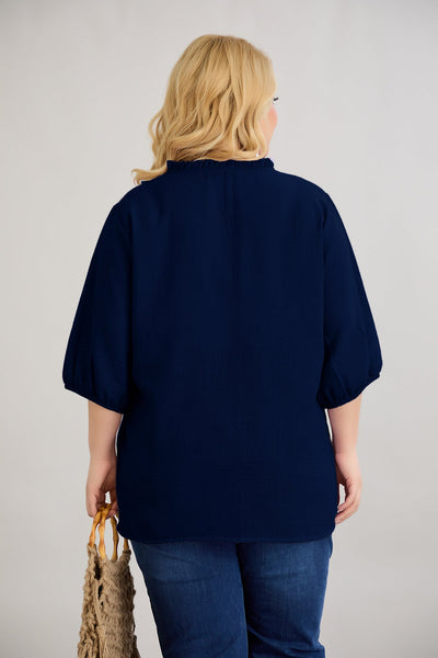 Bluza marime mare cu decolteu in V incretit - albastru inchis