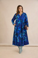Rochie mărime mare croială linie A cu decolteu original - albastru