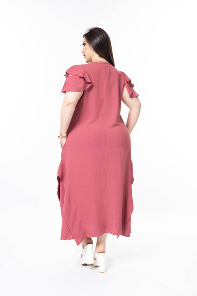 Rochie marime mare cu volane din tesatura usoara - roz