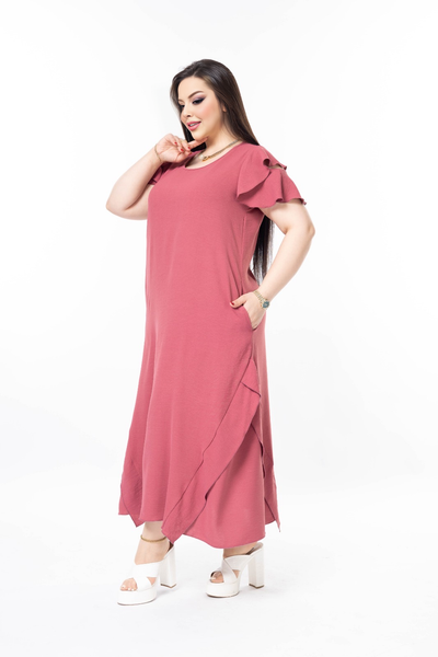 Rochie marime mare cu volane din tesatura usoara - roz
