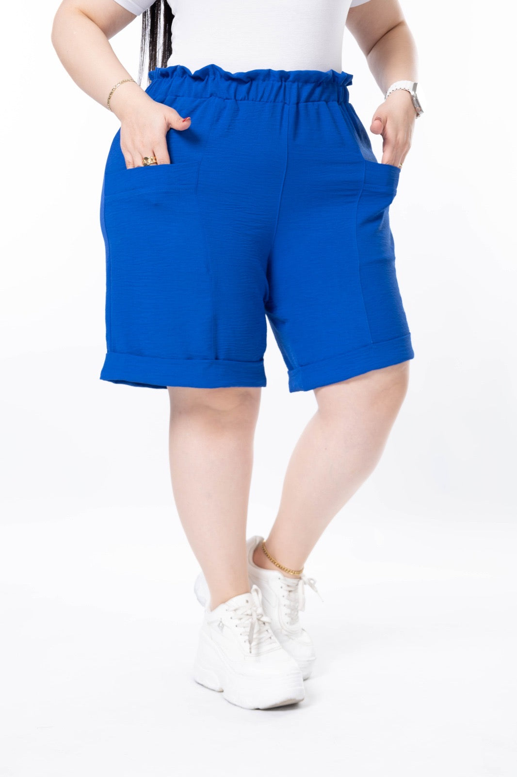 Pantaloni scurti marime mare cu manseta - albastru
