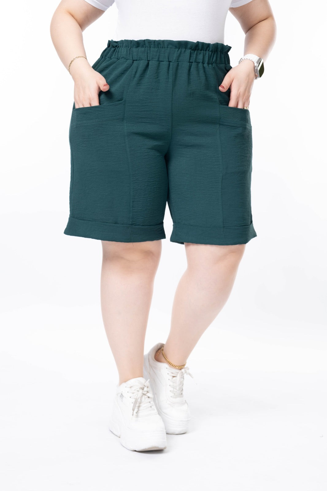 Pantaloni scurti marime mare cu manseta - verde