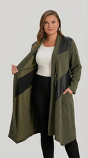Cardigan marime mare tip pelerina evazata cu piele si snur - kaki
