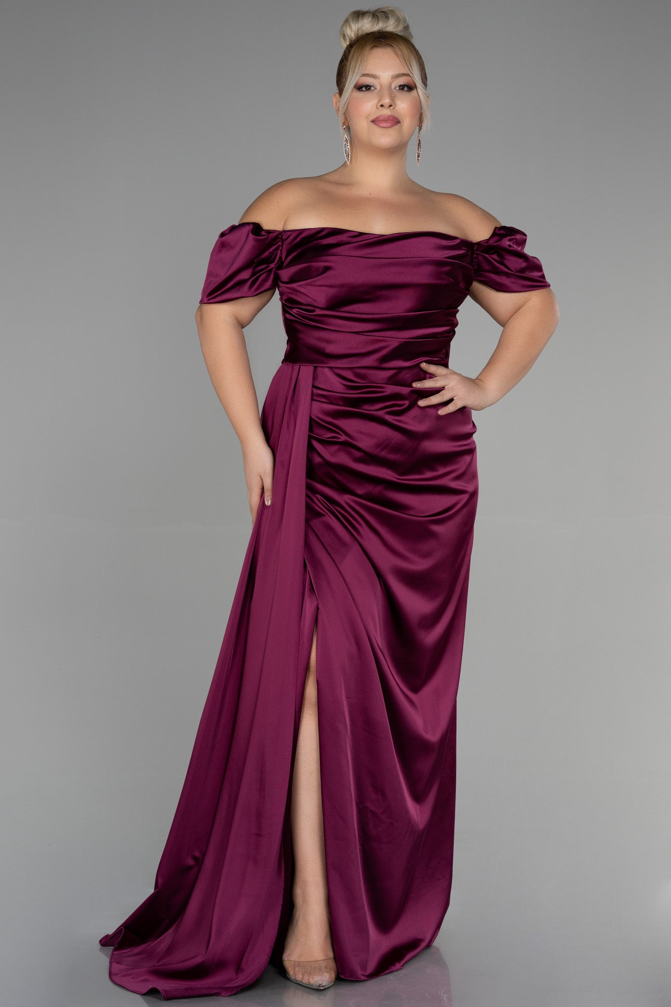 Rochie de ocazie marime mare lunga din satin - pruna N1626