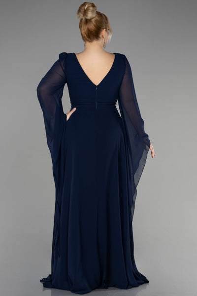 Rochie de ocazie marime mare lunga din sifon cu pietricele - albastru inchis N3543