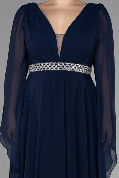 Rochie de ocazie marime mare lunga din sifon cu pietricele - albastru inchis N3543