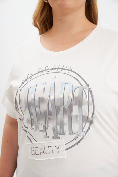 Tricou marime mare din bumbac cu pietricele HEART - ecru