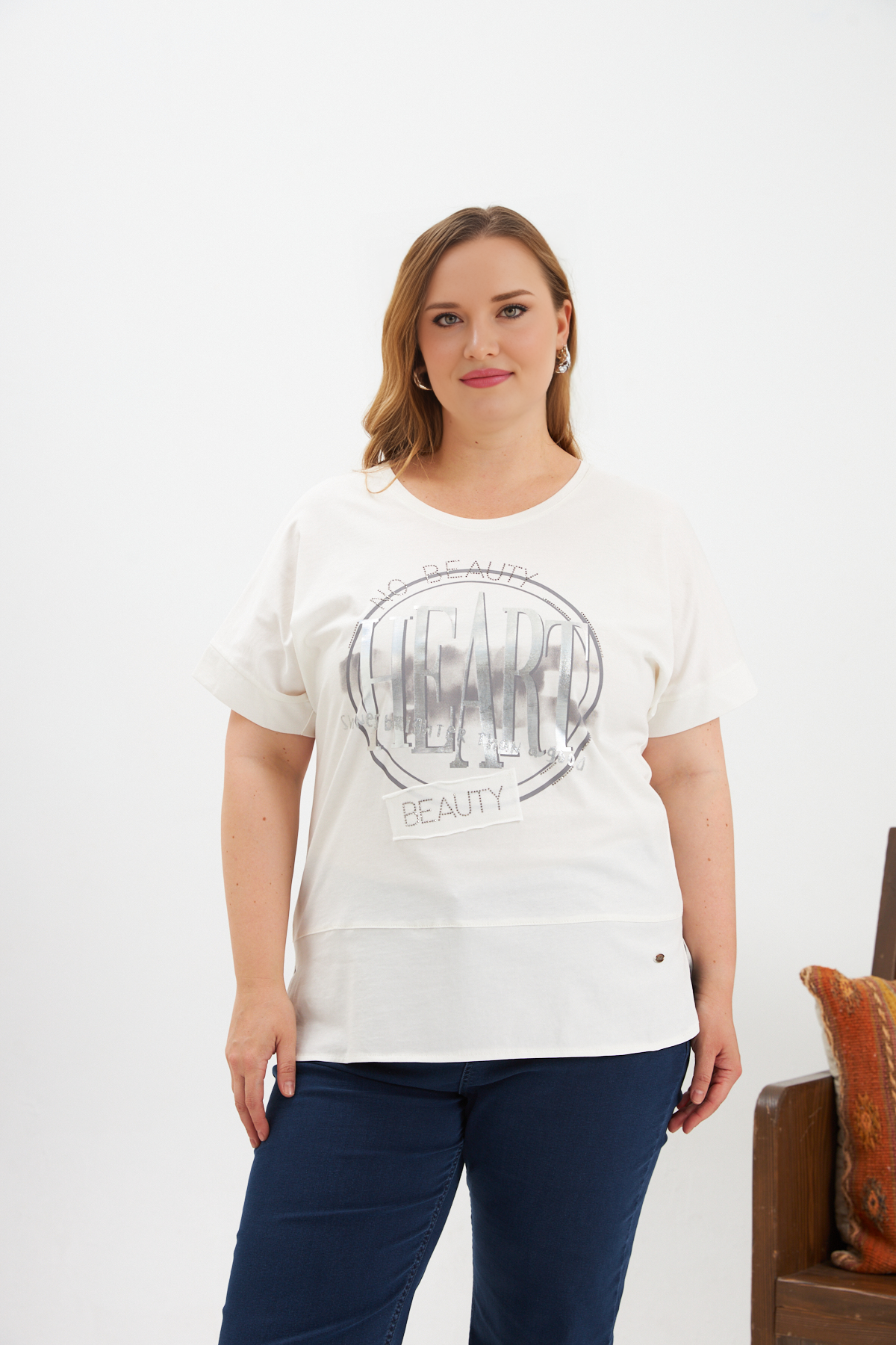 Tricou marime mare din bumbac cu pietricele HEART - ecru